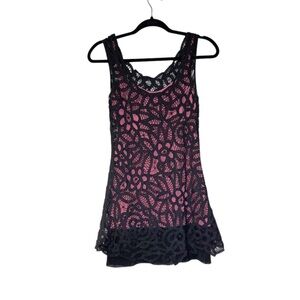 Vintage Y2K Betsey Johnson Mini Dress Pink Black Crochet Lace Punk Grunge XS